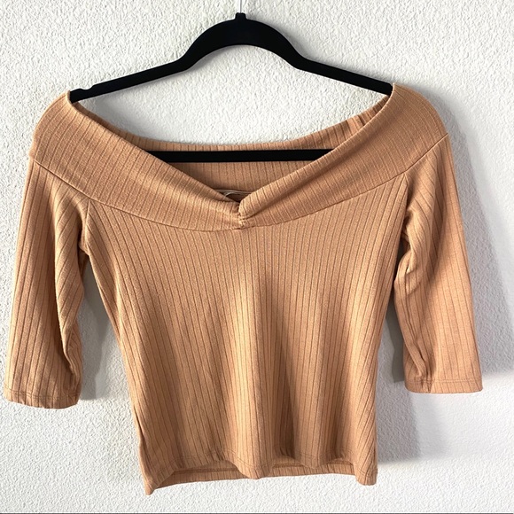 Zara Tops - Zara Ribbed Off the Shoulder Top Beige Crop Top
